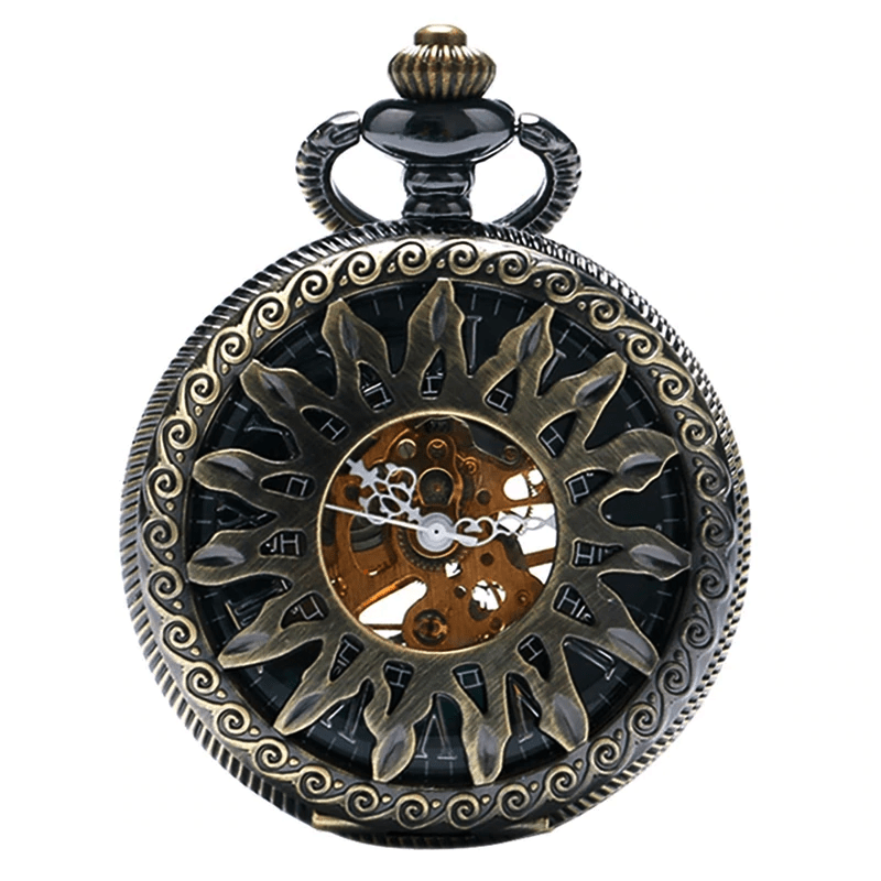 Montre à Gousset Femme JewelryWe - Cadran Soleil Lune Étoiles, Boîtier Doré Étoile, Chaîne Collier, Quartz
